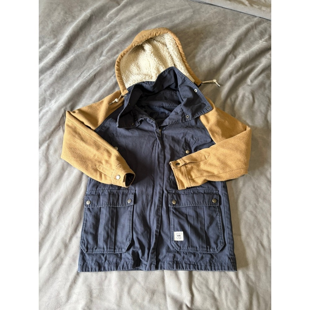 Vans Hooded Utility Jacket Navy Blue Tan Colorblock Fleece Sleeve Sherpa Lined